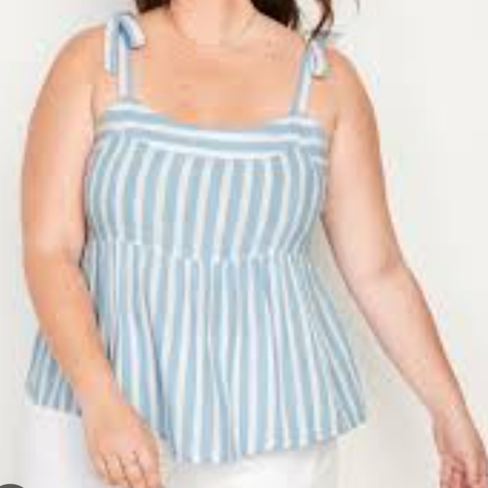 Old Navy Plus Size 2X Festival Girly Blue and White Striped Tie Shoulder Tank